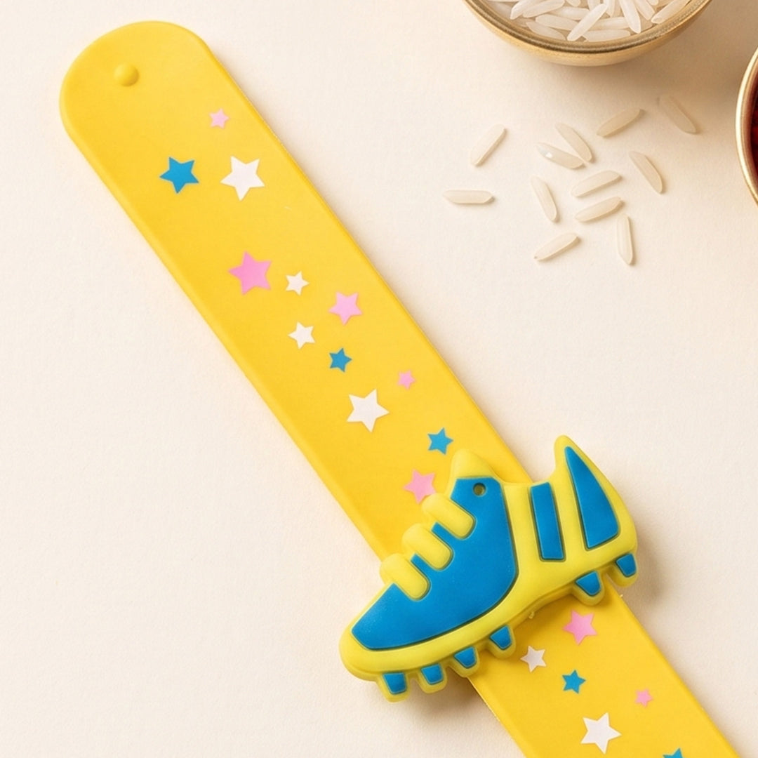 Handmade Football Shoe Silicone Slap Band Rakhi For Kids With Roli Chawal For Brother