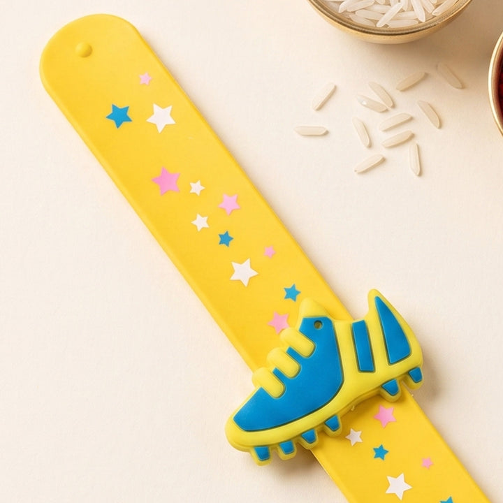 Handmade Football Shoe Silicone Slap Band Rakhi For Kids With Roli Chawal For Brother