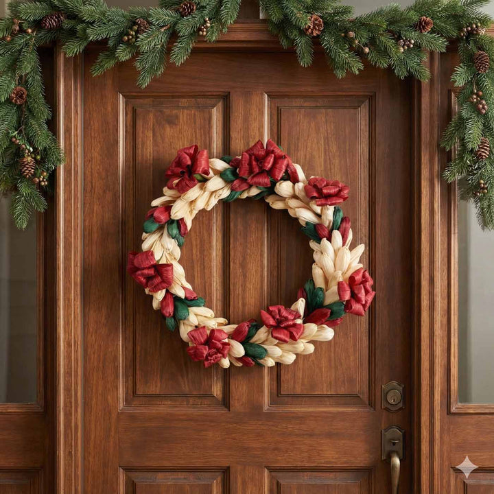 Handmade Ecofriendly Corn Husk Red Flower Wreath