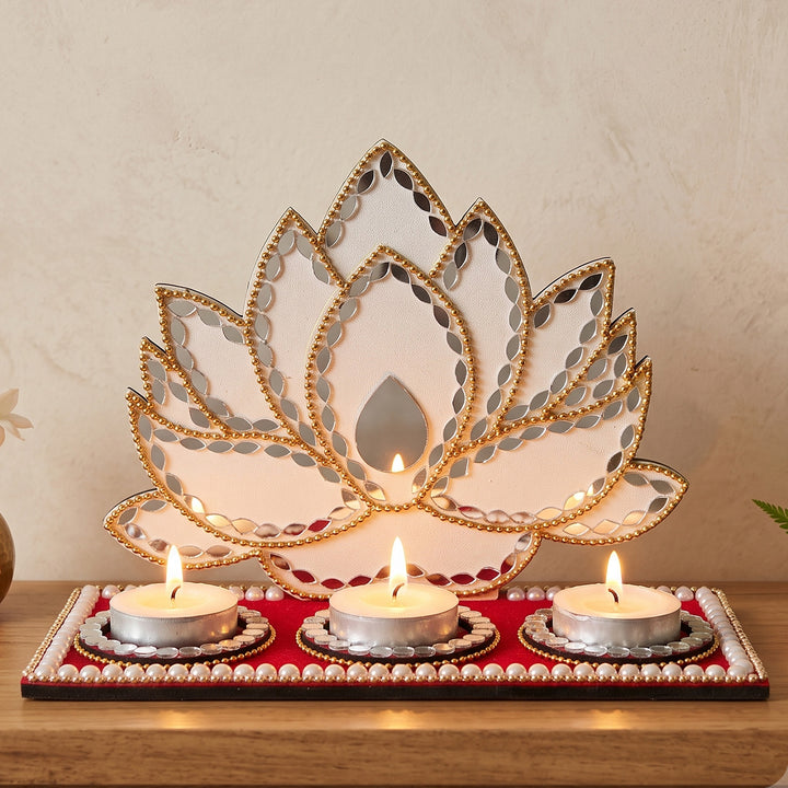 Handcrafted Lotus MDF 3-Slot Tealight Holder For Festive Decor