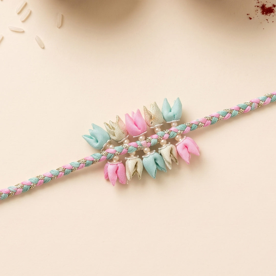 Handmade Pastel Coloured Dual-Tier Tulip Bud & Pearl Silk Rakhi For Brother With Roli Chawal