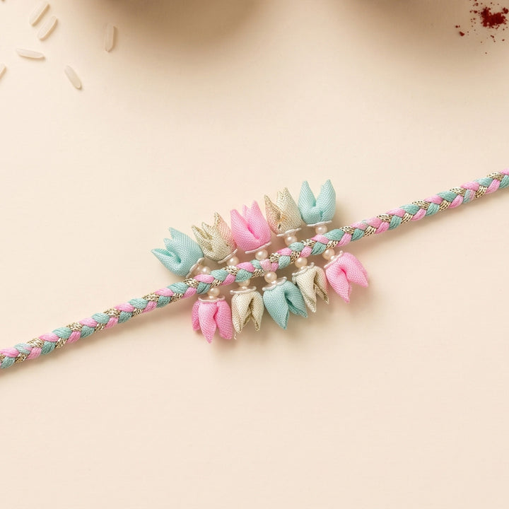 Handmade Pastel Coloured Dual-Tier Tulip Bud & Pearl Silk Rakhi For Brother With Roli Chawal