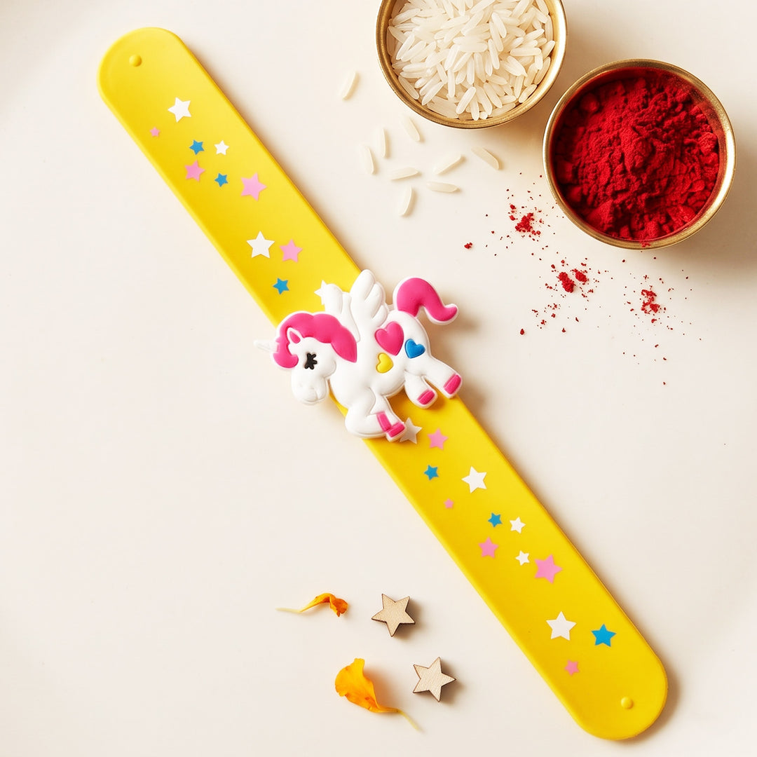 Handmade Yellow Unicorn Silicone Slap Band Rakhi For Kids With Roli Chawal For Brother