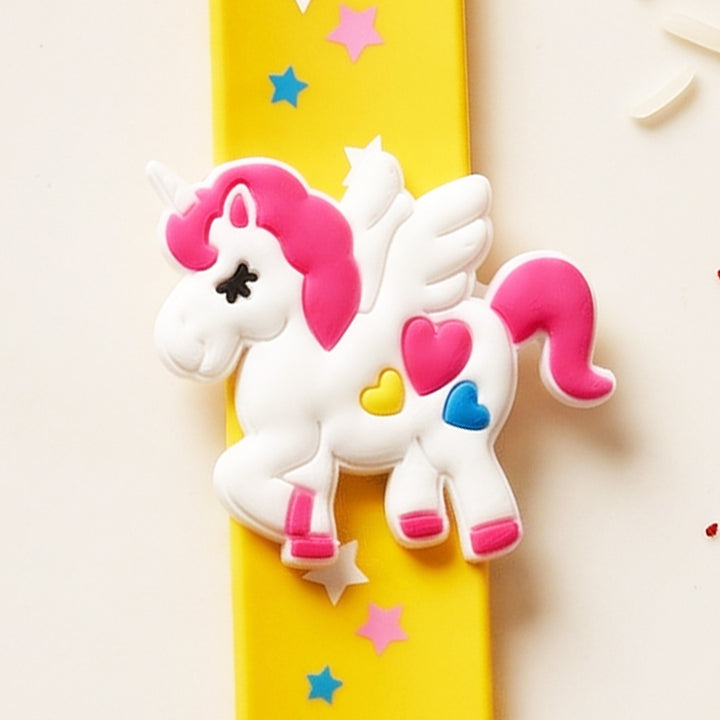 Handmade Yellow Unicorn Silicone Slap Band Rakhi For Kids With Roli Chawal For Brother