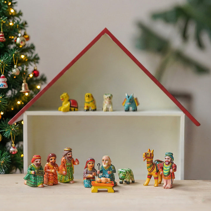 13 Pc | Handmade Indian Wooden Nativity Set For Christmas Decoration