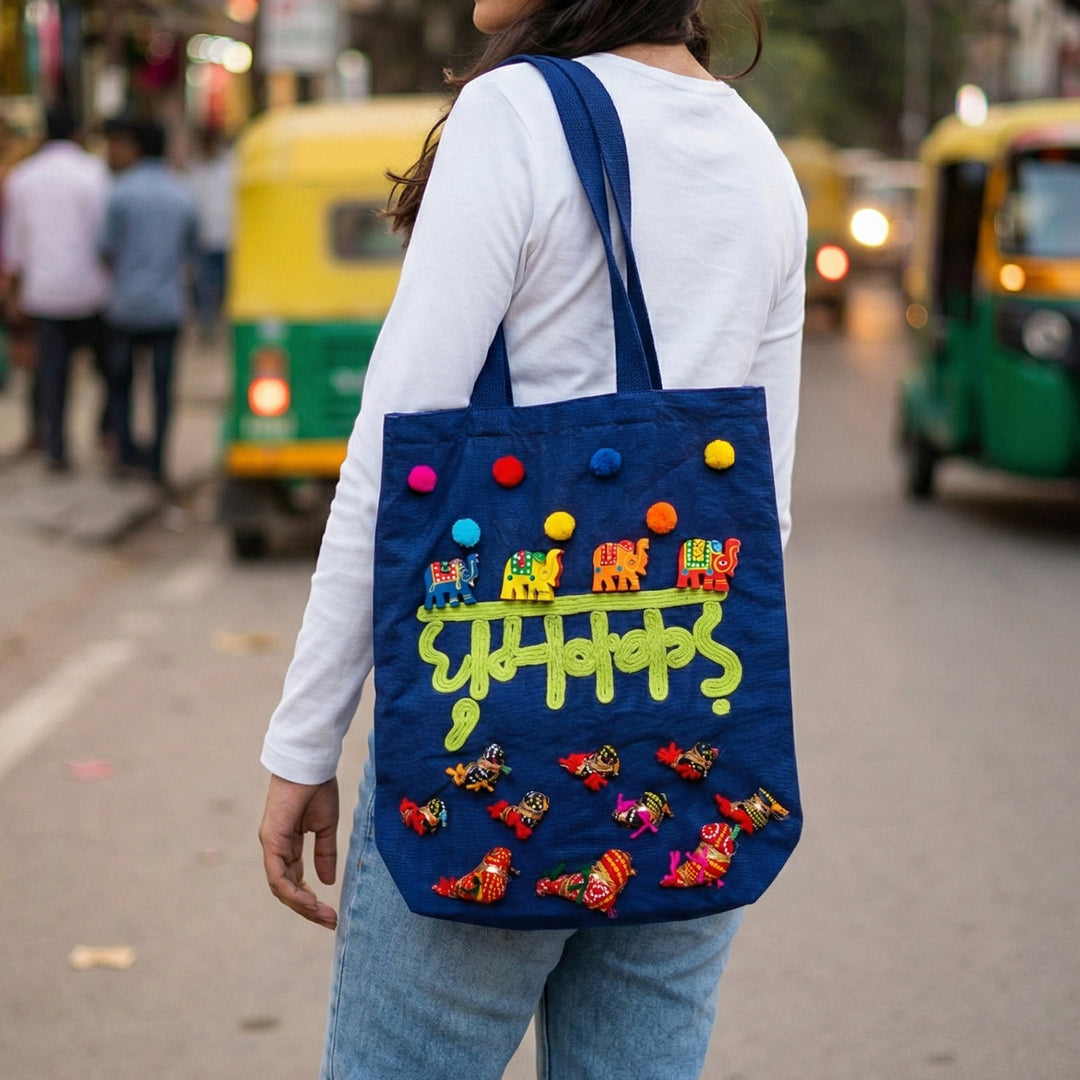 Hand-Embroidered Dori Work Blue Ghumakkar Tote Bag