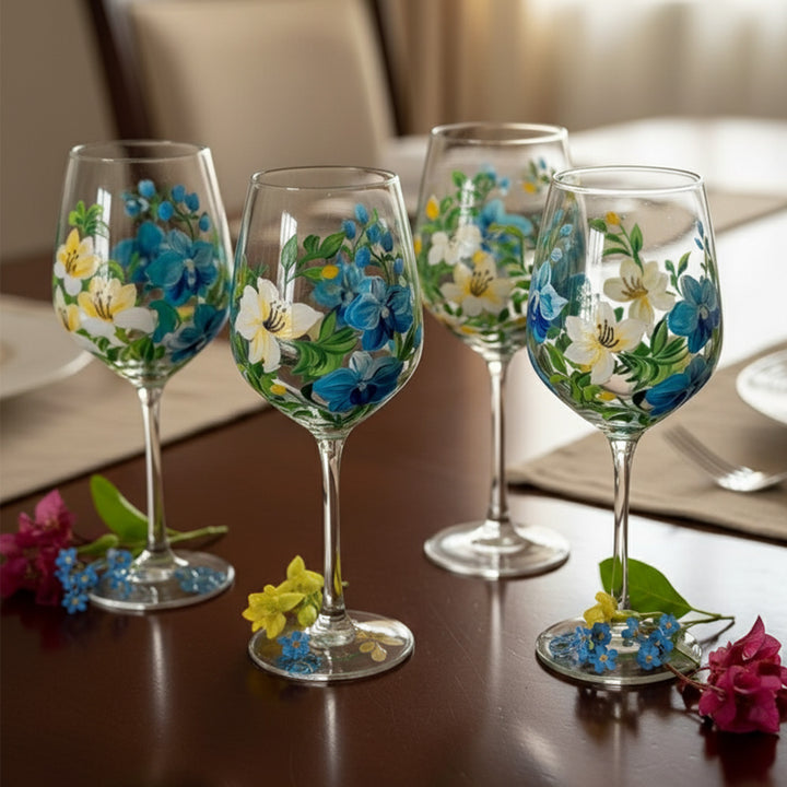 Hand-Painted Orchids & Lilies Wine Glass