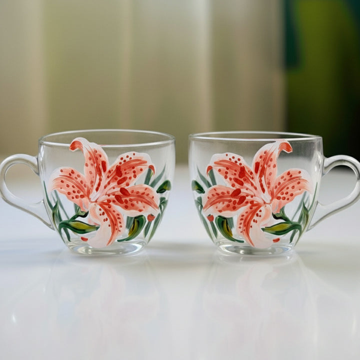 Hand-Painted Lily Glass Tea Cups