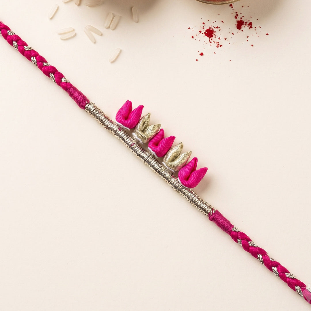 Handcrafted Tulip Bud & Silver Zari Silk Fabric Rakhi For Brother With Roli Chawal