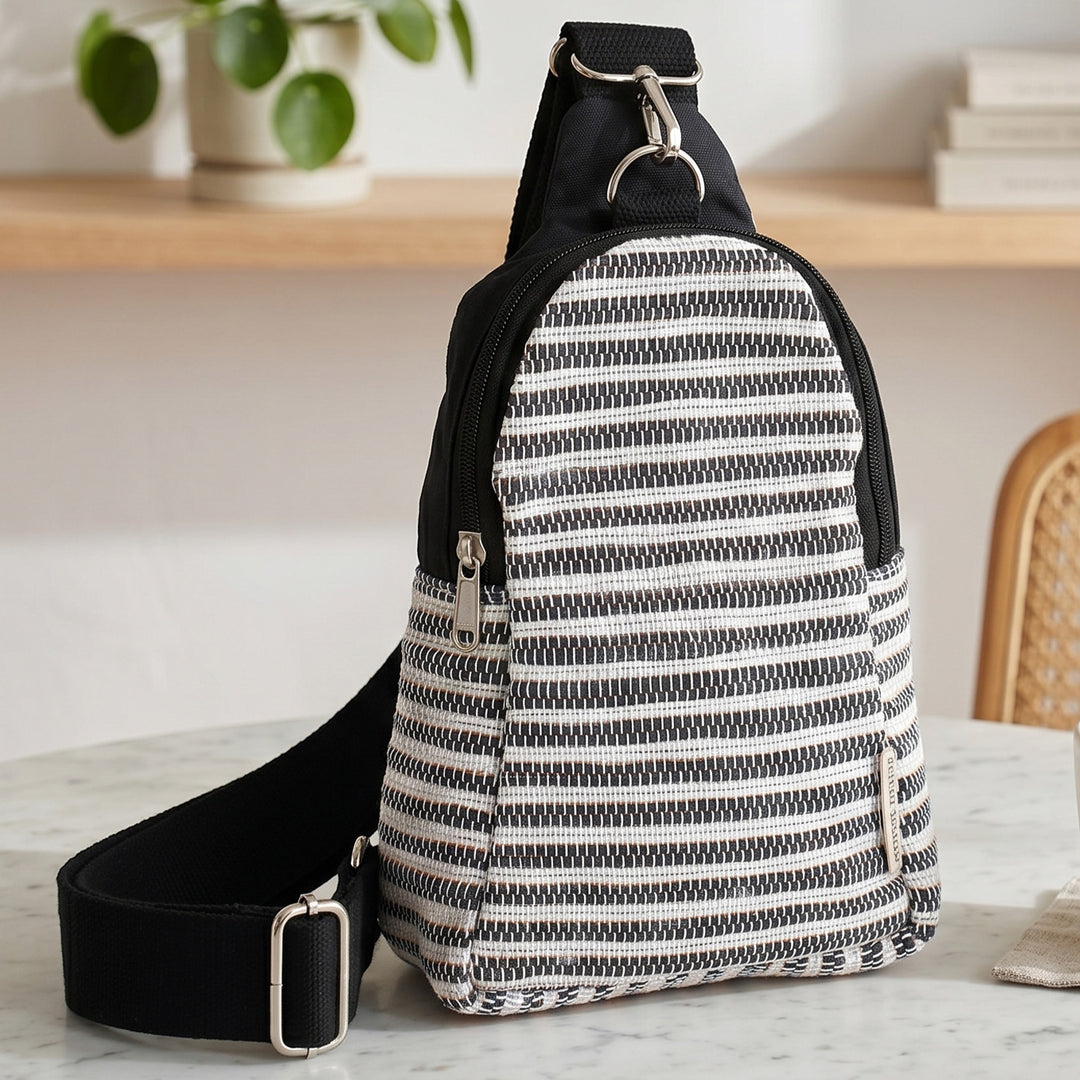 Black and White Striped Upcycled Plastic Handcrafted Shoulder Crossbody Bag