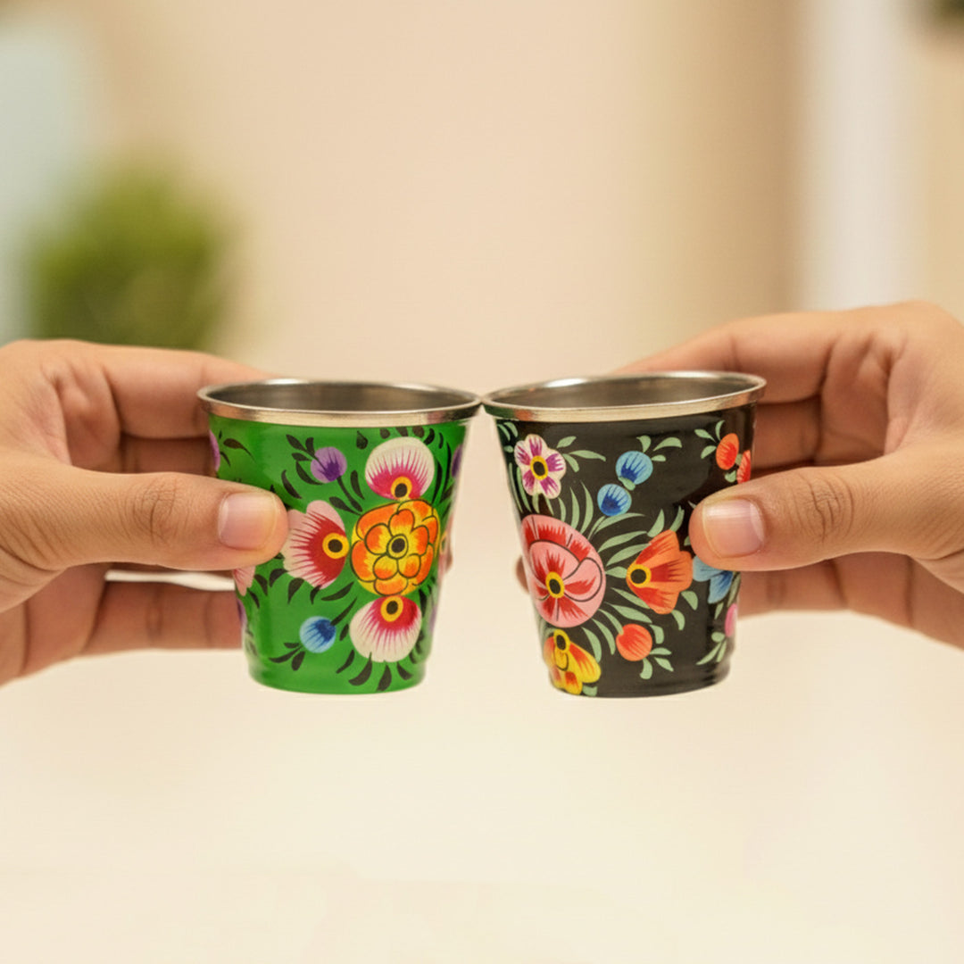 2Pc | Hand-Painted Black & Green Floral Kashmiri Art Stainless Steel Shot Glasses