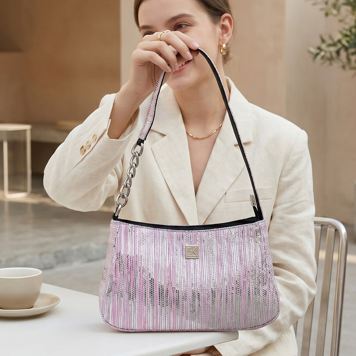 Pink and Silver Striped Upcycled Plastic Handcrafted Mini Baguette Handbag