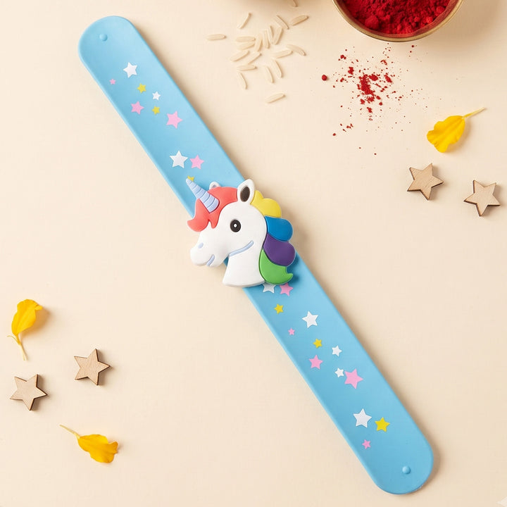 Handmade Unicorn Head Silicone Slap Band Rakhi For Kids With Roli Chawal For Brother