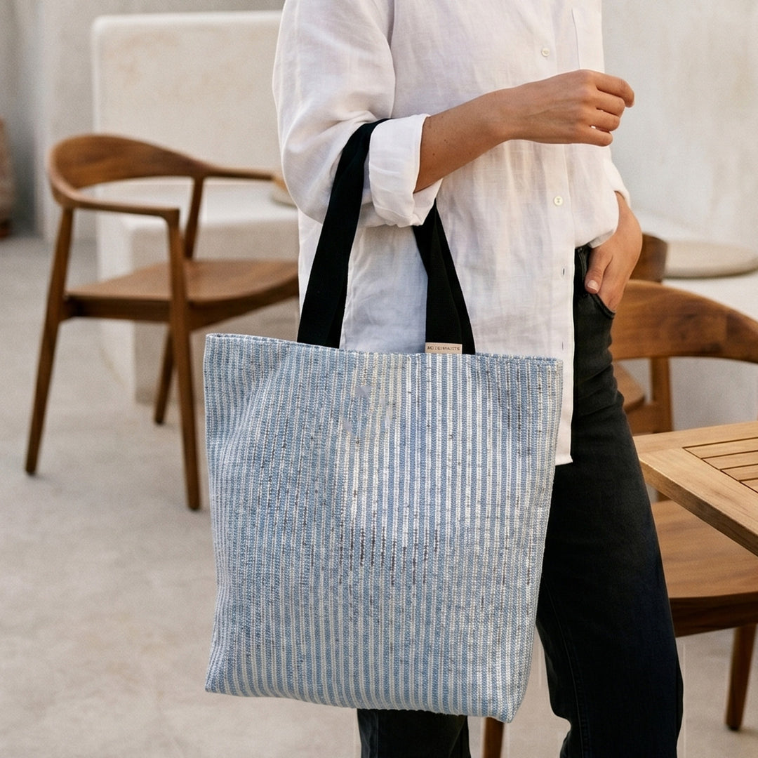 Blue and Silver Striped Upcycled Plastic Handcrafted Classic Tote Bag For Everyday Use