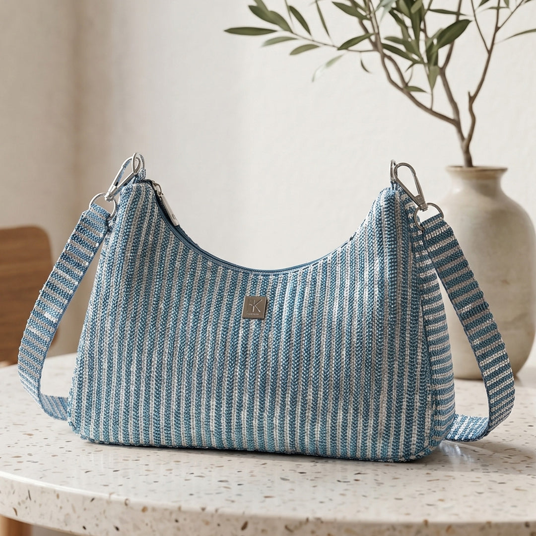 Blue and White Striped Upcycled Plastic Handcrafted Baguette Handbag