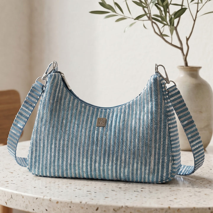 Blue and White Striped Upcycled Plastic Handcrafted Baguette Handbag