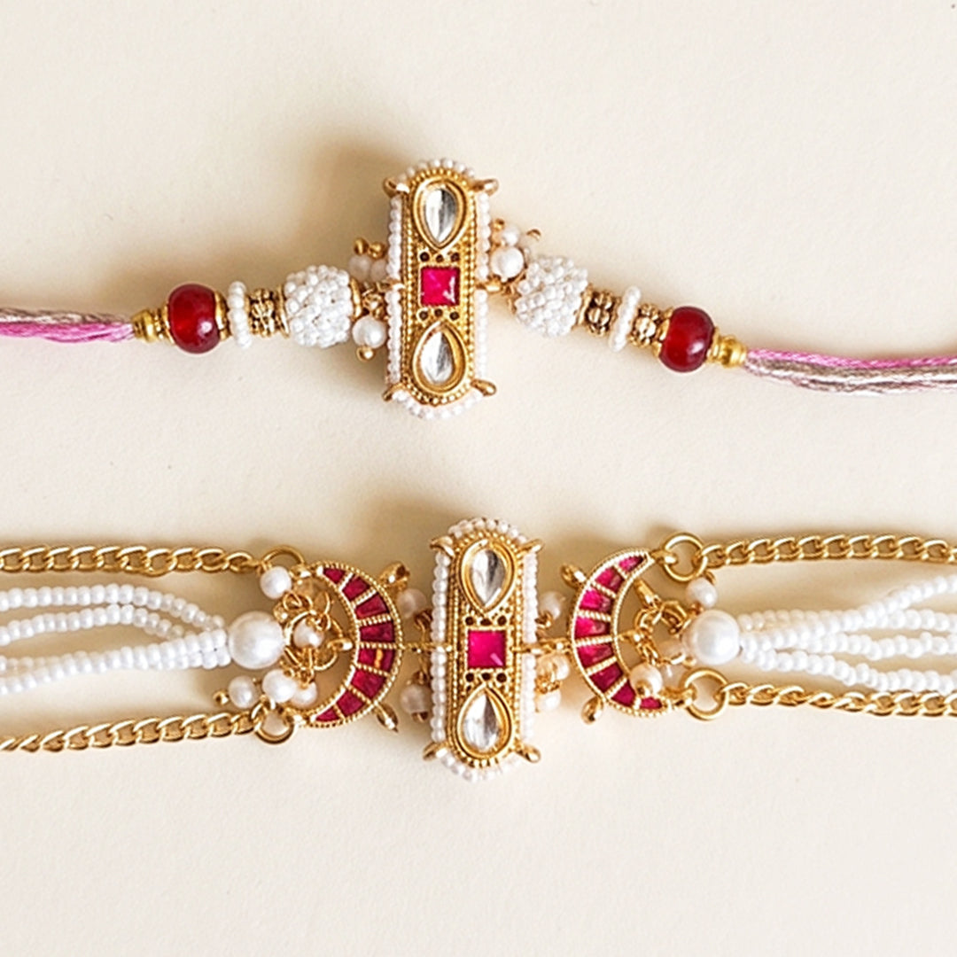 Kashmiri Kundan Bhaiya Bhabhi Rakhi Set With Roli Chawal | Set of 2