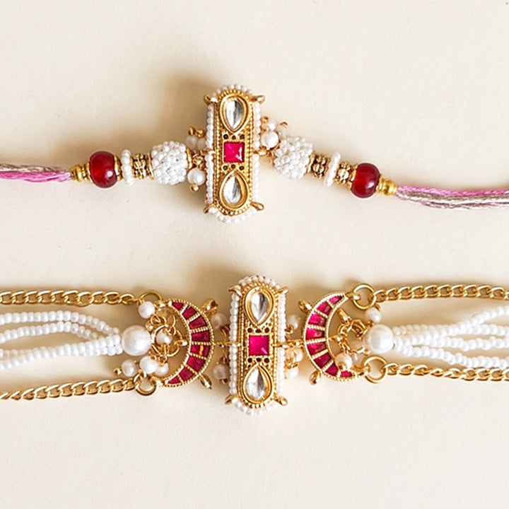 Kashmiri Kundan Bhaiya Bhabhi Rakhi Set With Roli Chawal | Set of 2