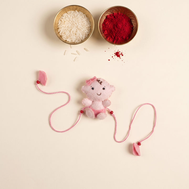 Hand Embroidered Adorable Baby Rakhi With Brooch Pin & Keychain For Baby Brother