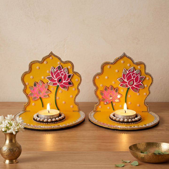 Set of 2 | Handcrafted Lotus Motif MDF Jharokha Tealight Holders For Festive Decor