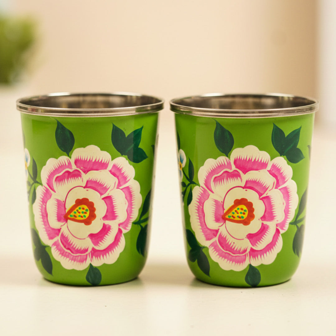 2Pc | Hand-Painted Green Floral Kashmiri Art Stainless Steel Medium Glasses
