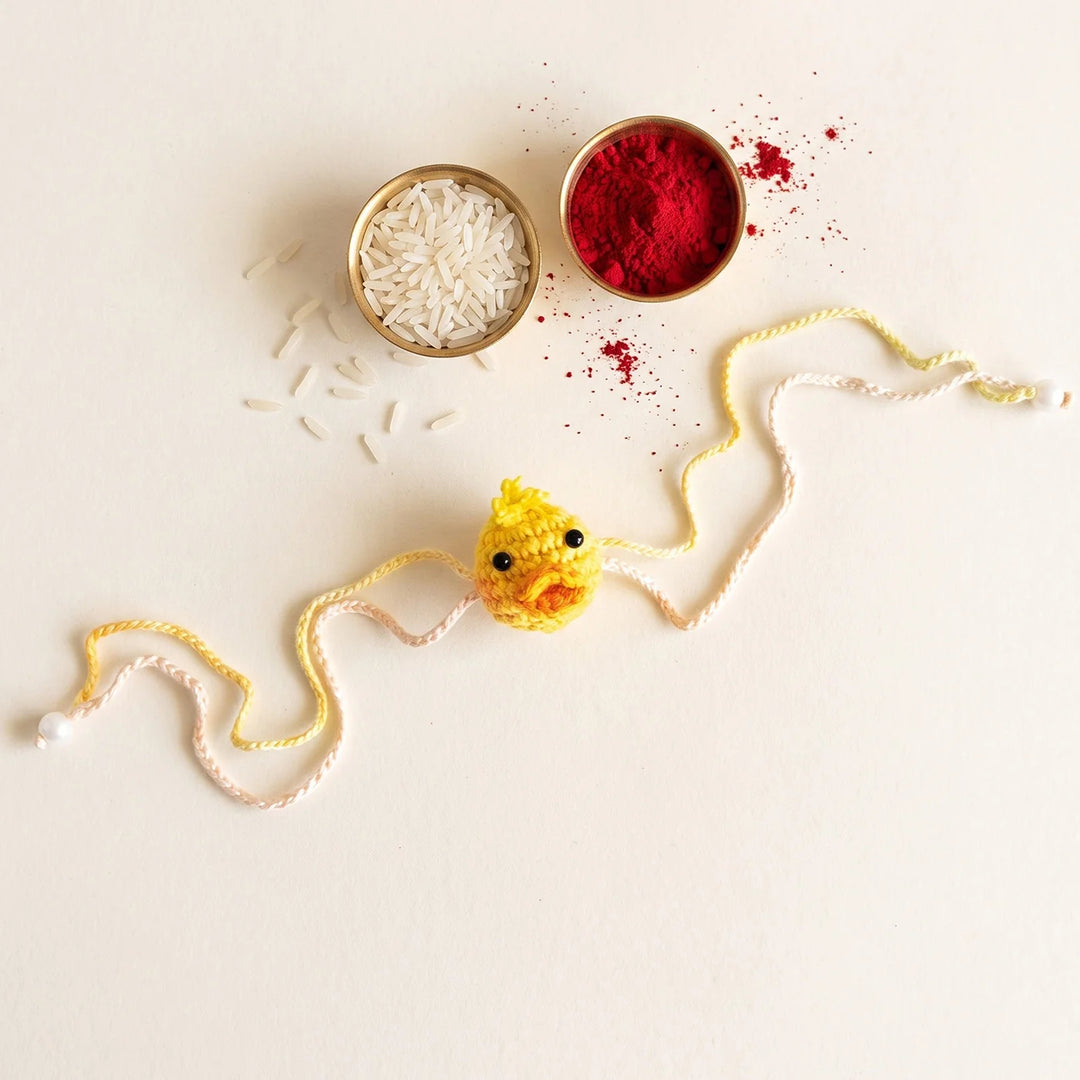 2 Pc | Handmade Crochet Doodling Duck Rakhi With Roli Chawal For Newborn Twins