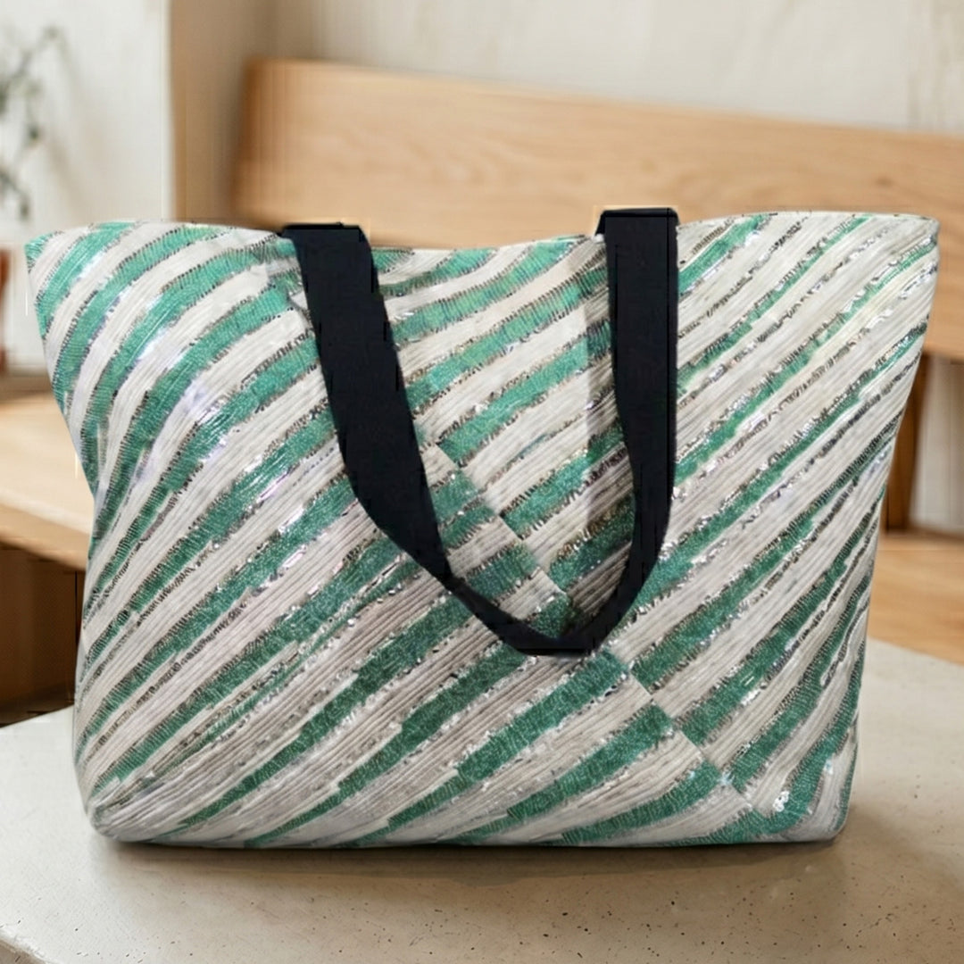 Green and White Upcycled Plastic Handcrafted Designer Tote Bag