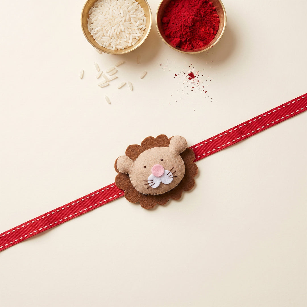 Personalised Handmade Felt Lion Rakhi With Matching Nameplate & Roli Chawal For Brother