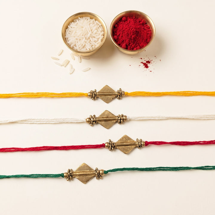 Intricate Beaded Diamond Brass Bead Festive Rakhi With Roli Chawal For Brother | Set of 4