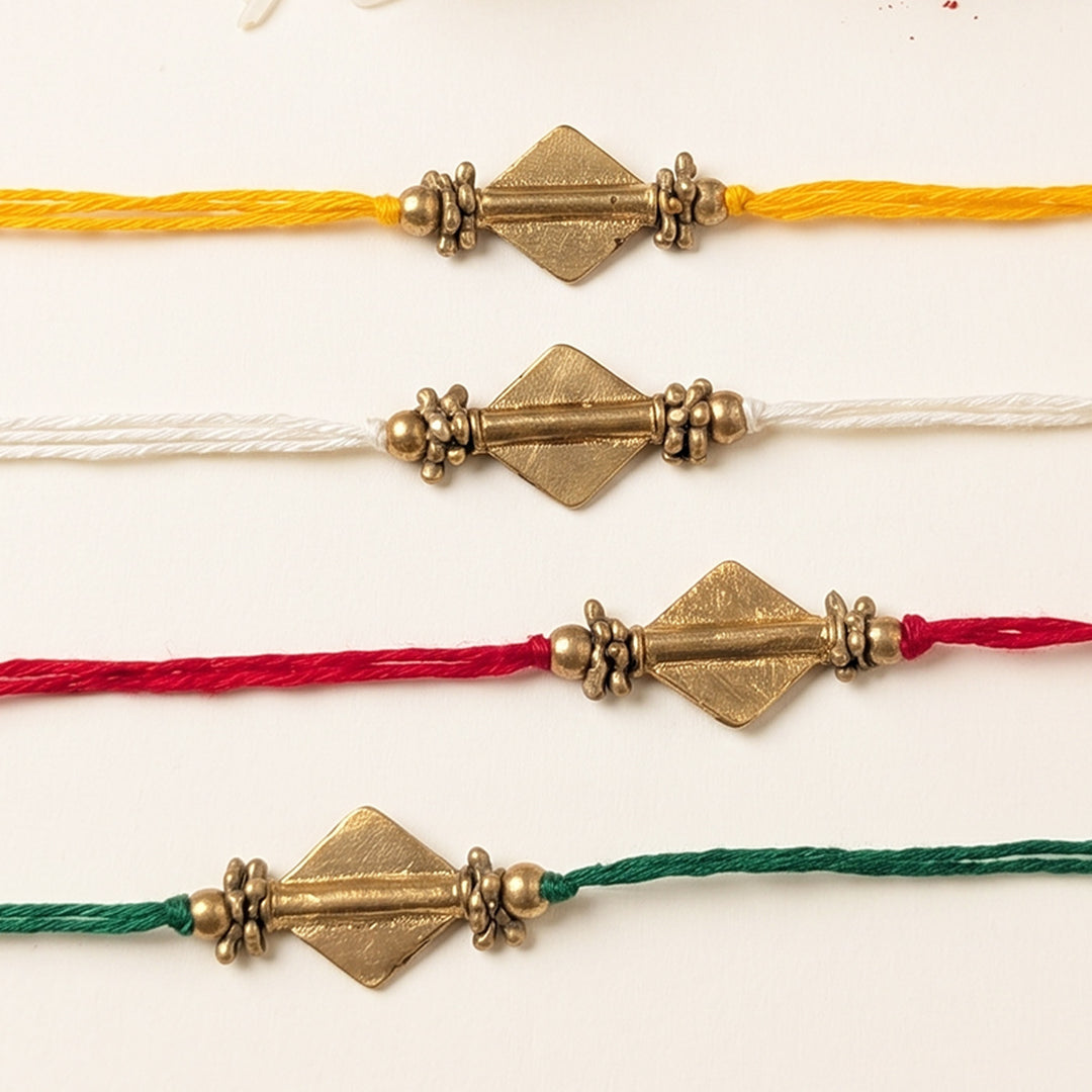 Intricate Beaded Diamond Brass Bead Festive Rakhi With Roli Chawal For Brother | Set of 4