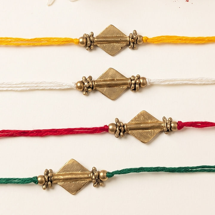 Intricate Beaded Diamond Brass Bead Festive Rakhi With Roli Chawal For Brother | Set of 4