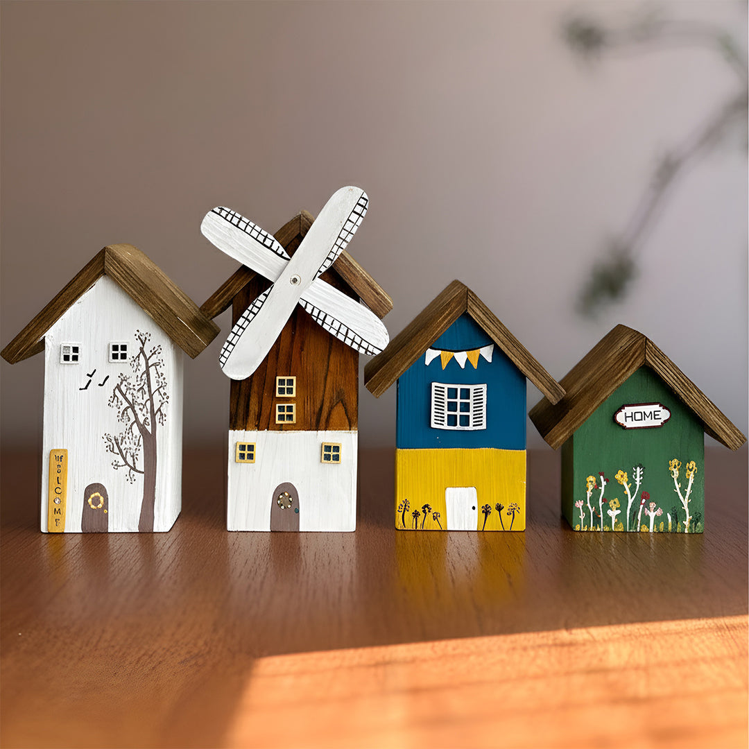 4 pc | Tiny Windmill Town Handcrafted Miniature Wooden Houses