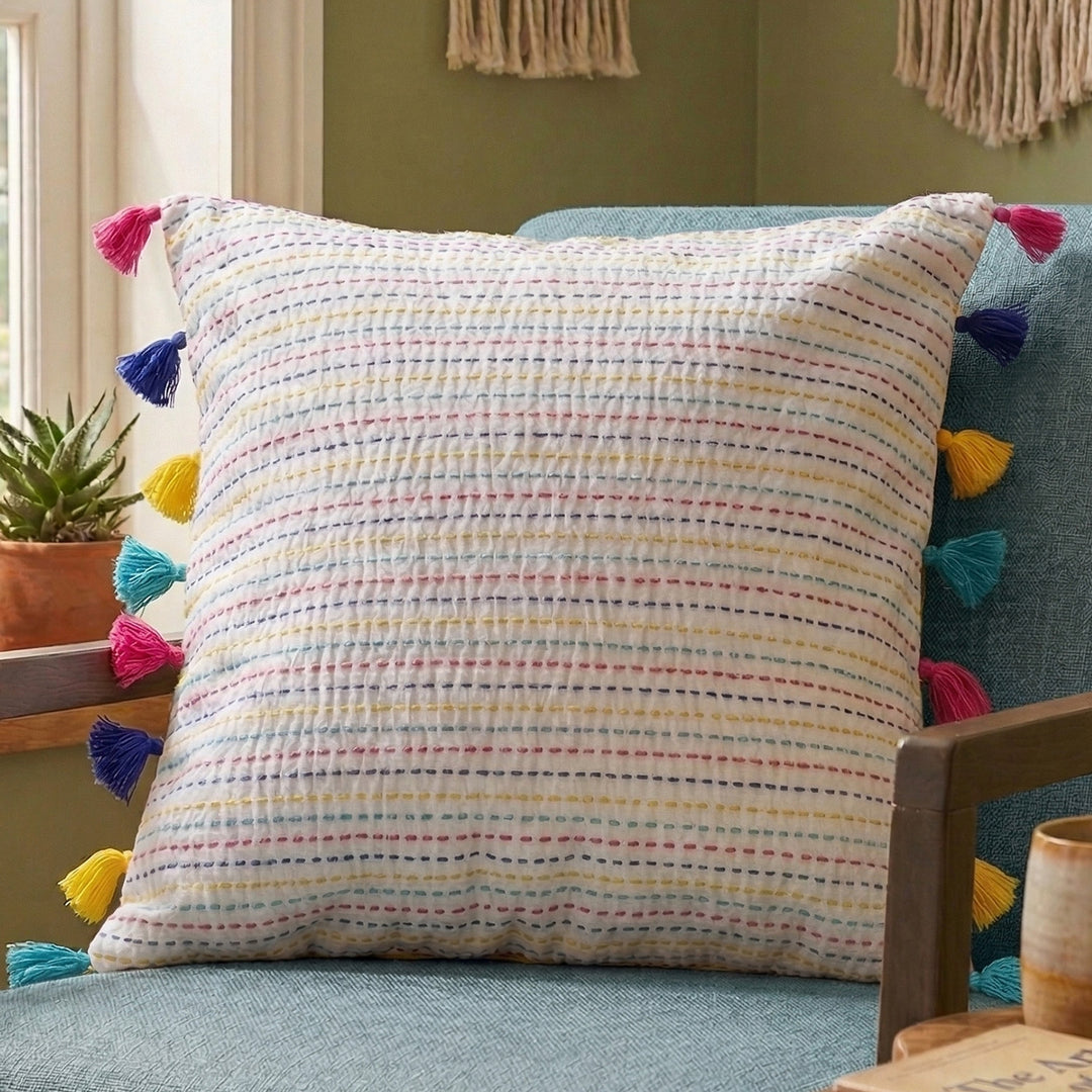 Multicolor Kantha Cotton Cushion Cover With Tassel
