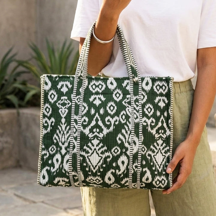Handmade Green Indie Festive Cotton Tote Bag