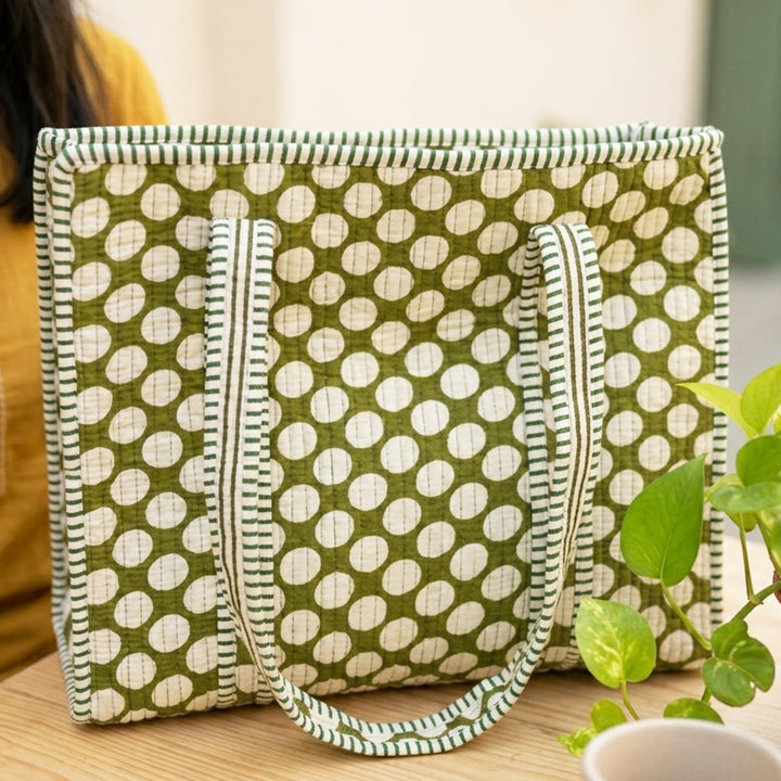 Handmade Olive Polka Cotton Tote Bag