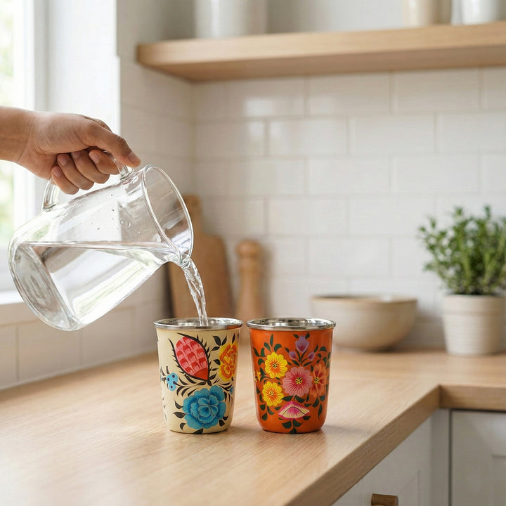 2Pc | Hand-Painted Floral Kashmiri Art Stainless Steel Medium Glasses