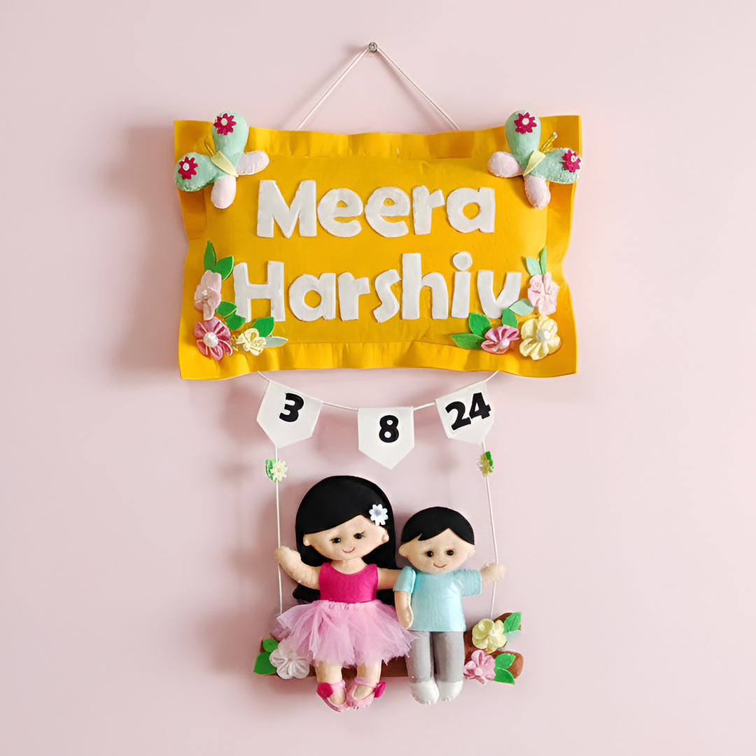 Hand-stitched Pillow & Swing Theme Felt Kids Name Plate for Siblings