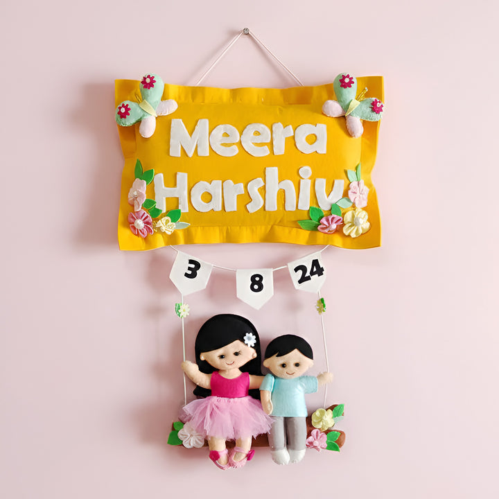 Hand-stitched Pillow & Swing Theme Felt Kids Name Plate for Siblings
