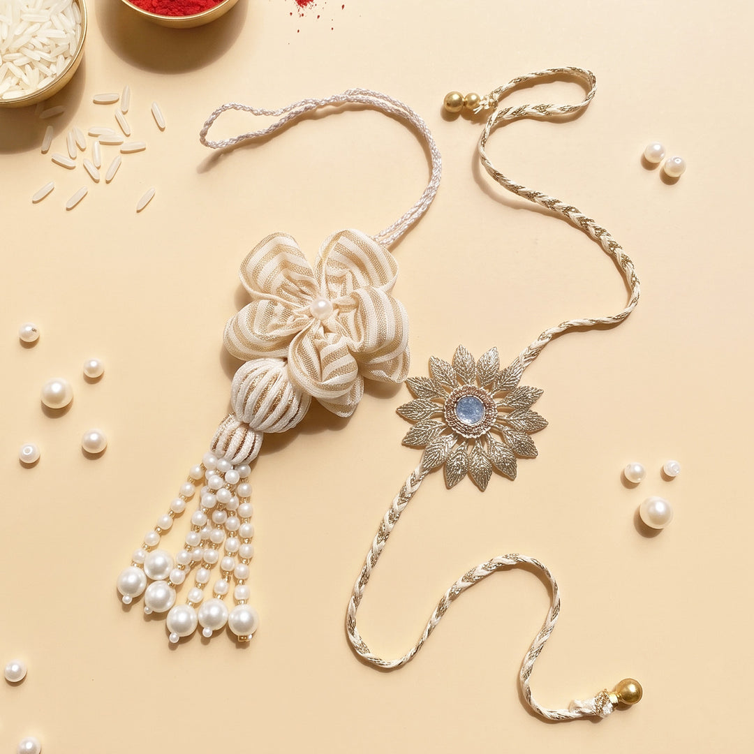Handmade Beige Royale Couple Rakhi Lumba Set With Roli Chawal For Bhaiya Bhabhi