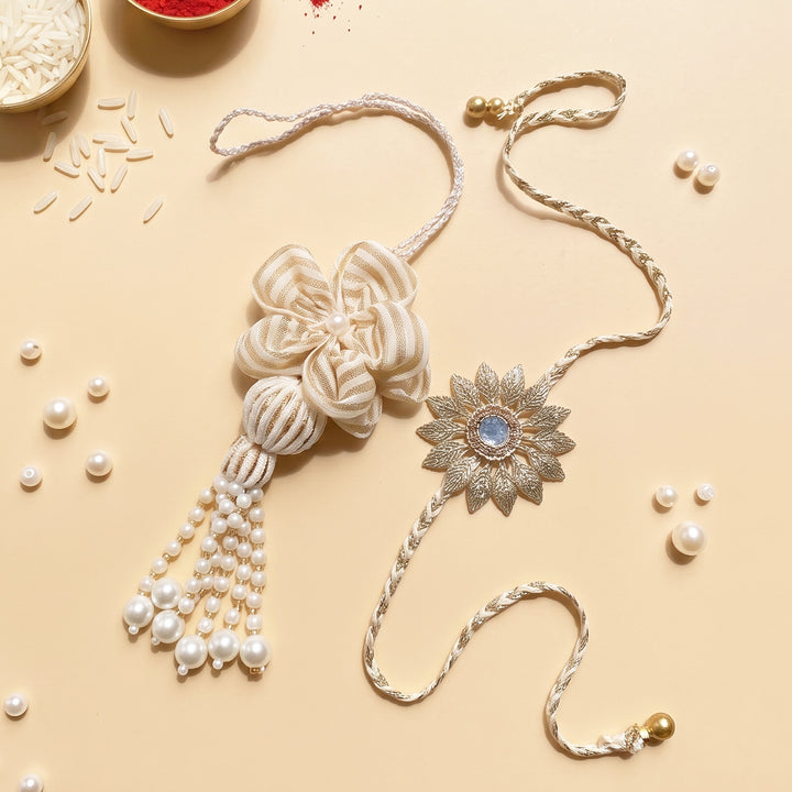 Handmade Beige Royale Couple Rakhi Lumba Set With Roli Chawal For Bhaiya Bhabhi