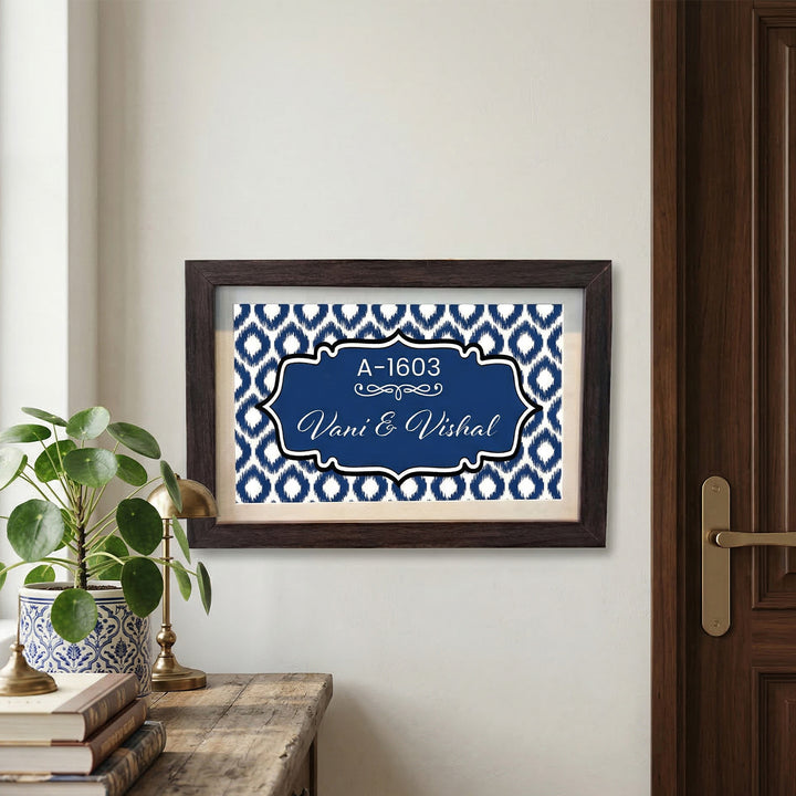 Handmade Blue Ikat Pattern Printed Name Plate With Wooden Frame