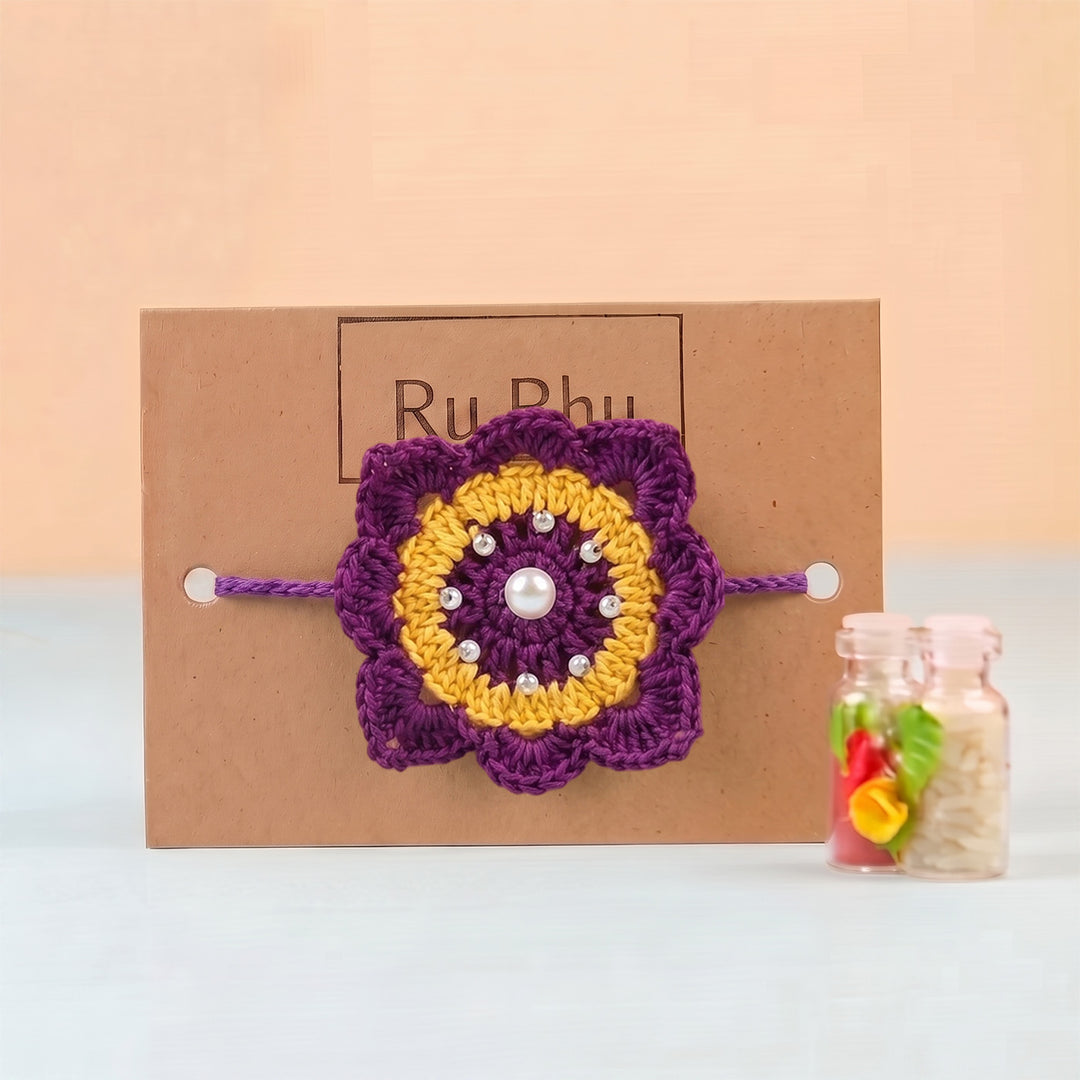 Handmade Crochet Royal Bloom Floral Rakhi With Roli Chawal For Bhaiya