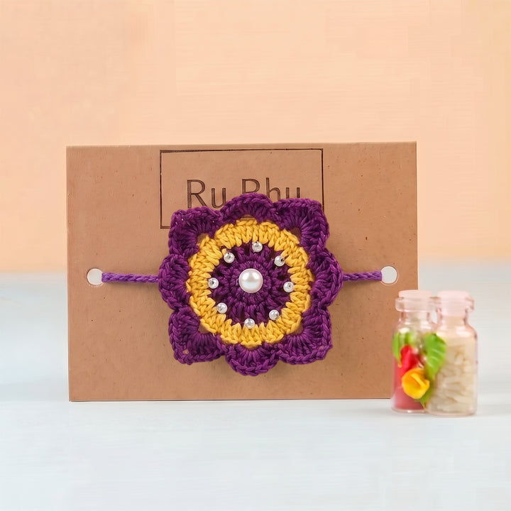 Handmade Crochet Royal Bloom Floral Rakhi With Roli Chawal For Bhaiya