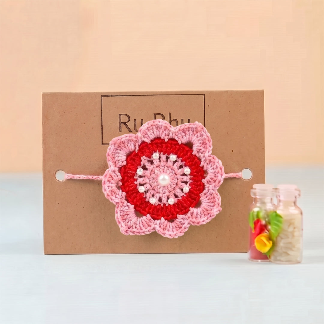 Handmade Crochet Royal Bloom Floral Rakhi With Roli Chawal For Bhaiya