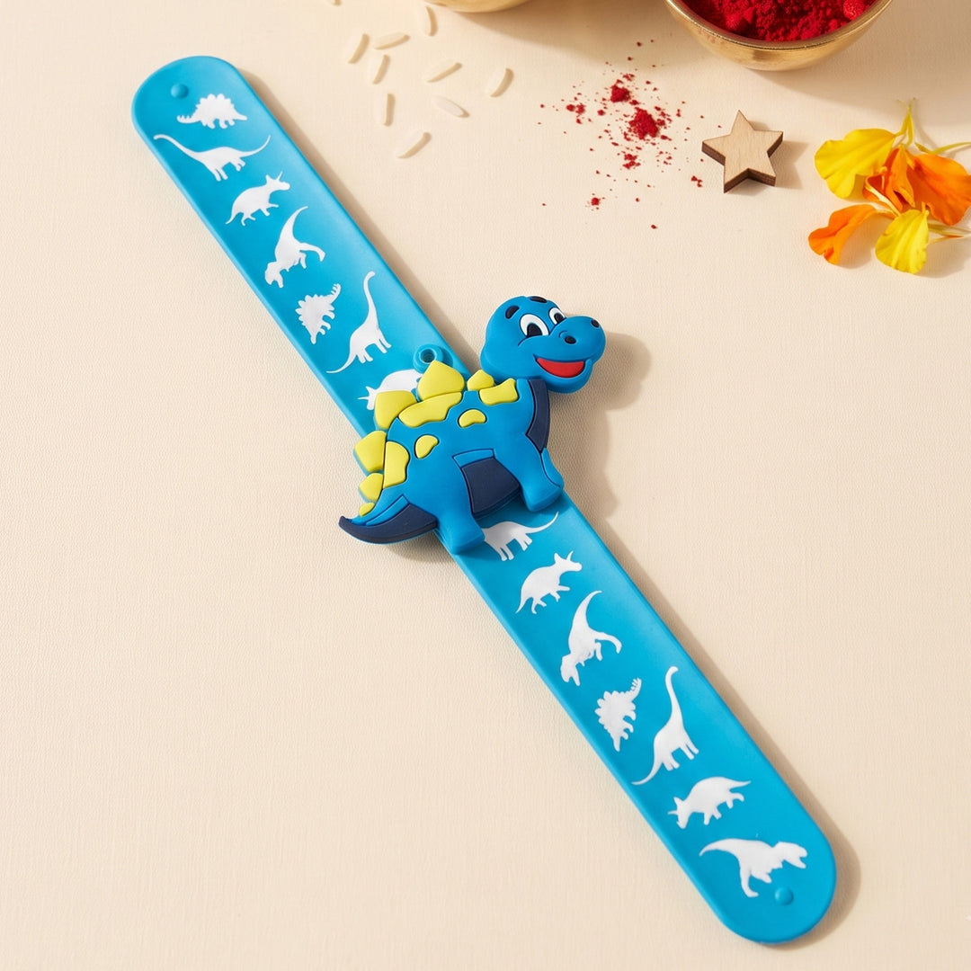 Handmade Blue Dinosaur Silicone Slap Band Rakhi For Kids With Roli Chawal For Brother
