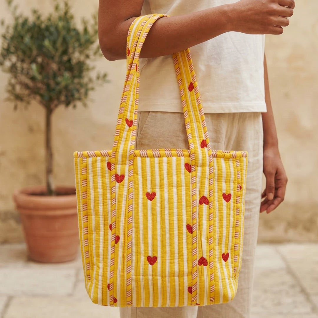 Handmade Yellow Heartbeat Cotton Tote Bag