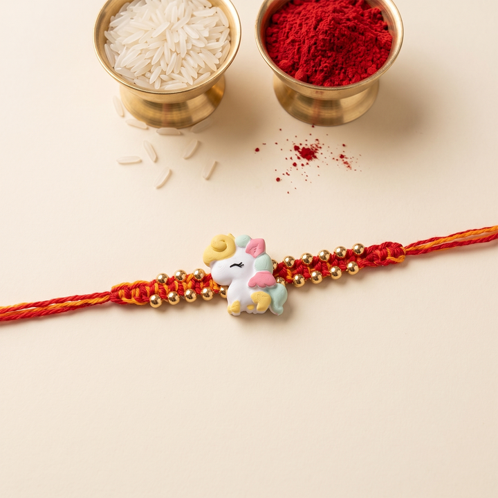 Handmade Unicorn Charm Polymer Clay Rakhi With Roli Chawal For Kids