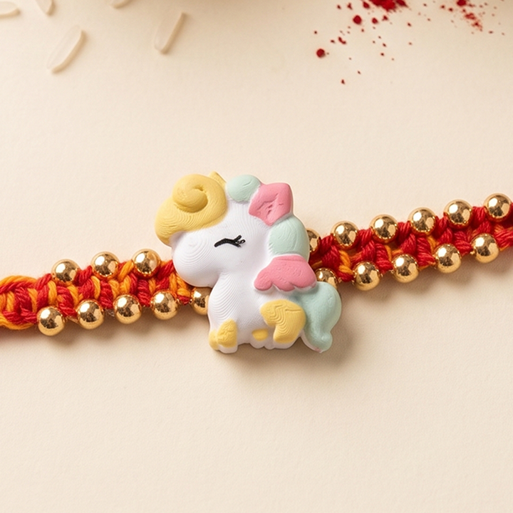 Handmade Unicorn Charm Polymer Clay Rakhi With Roli Chawal For Kids