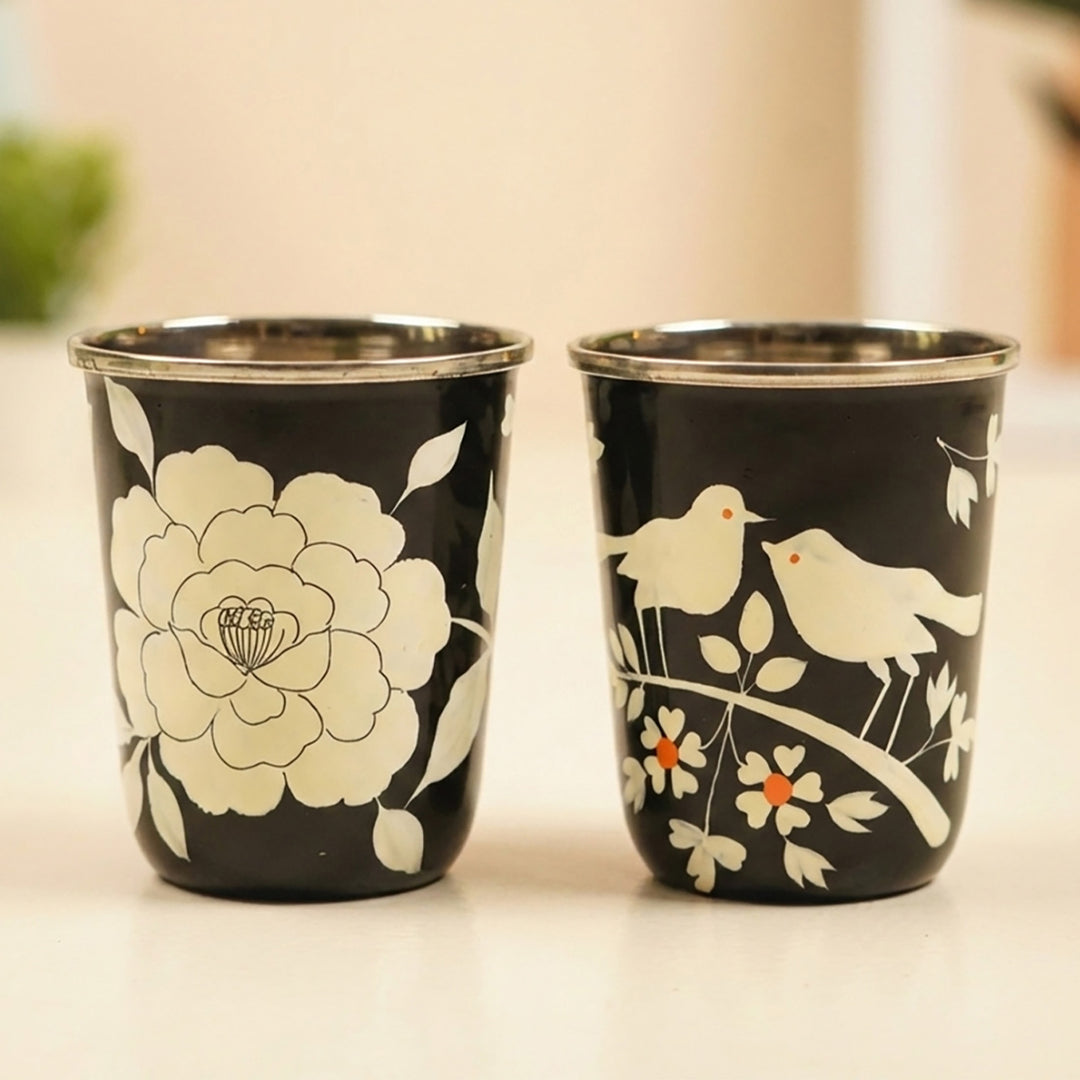2Pc | Hand-Painted Black Birds & Flowers Kashmiri Art Stainless Steel Medium Glasses