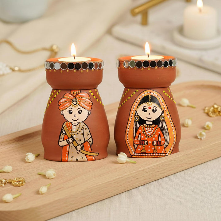 Punjabi Couple Handpainted Terracotta Tealight Holder